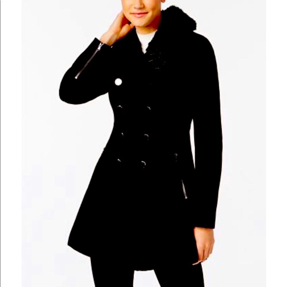 🔥 GUESS FAUX FUR DOUBLE BREASTED SKIRT COAT NWT